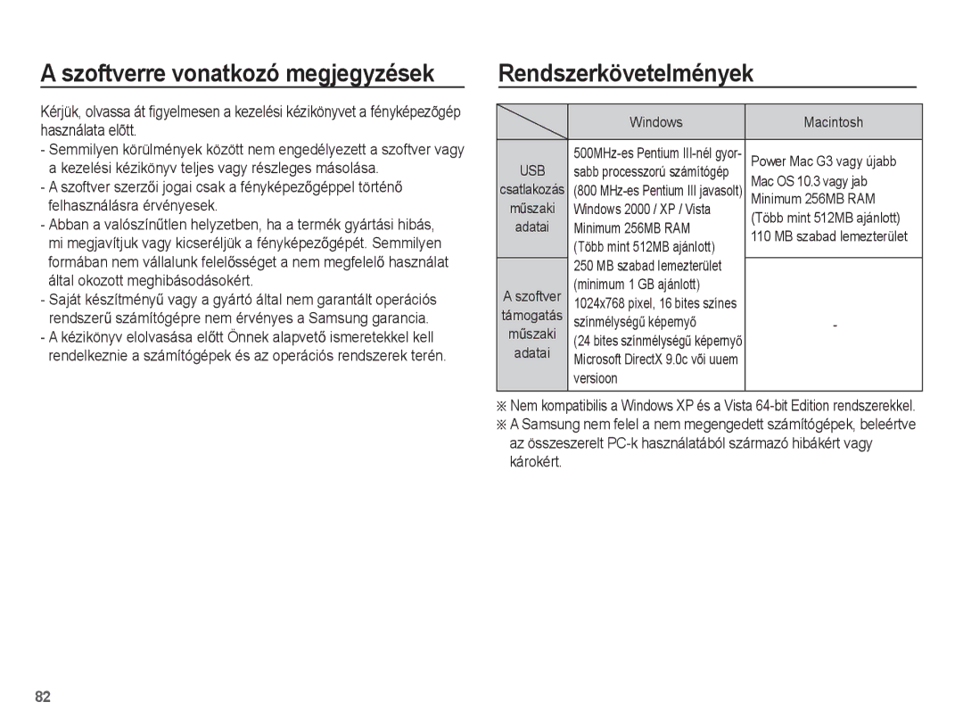 Samsung EC-ES15ZBBA/E1, EC-ES15ZWBA/IT, EC-ES15ZSBA/IT manual Szoftverre vonatkozó megjegyzések, Rendszerkövetelmények 