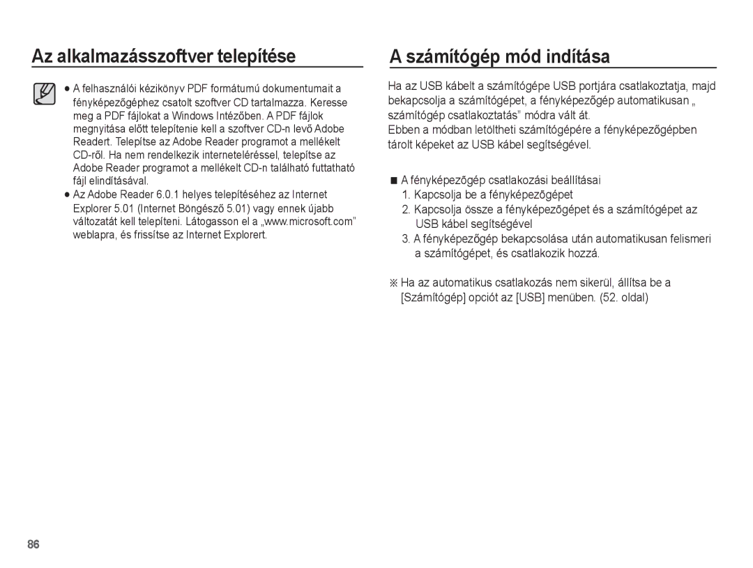 Samsung EC-ES15ZPBA/E3, EC-ES15ZWBA/IT, EC-ES15ZSBA/IT manual Az alkalmazásszoftver telepítése Számítógép mód indítása 