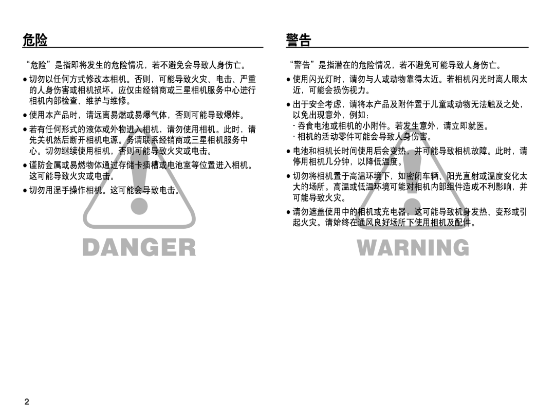 Samsung EC-ES15ZSBA/E1, EC-ES15ZWBA/IT 的人身伤害或相机损坏。应仅由经销商或三星相机服务中心进行 ，可能会损伤视力。 相机内部检查、维护与维修。, 切勿用湿手操作相机。这可能会导致电击。, 可能导致火灾。 