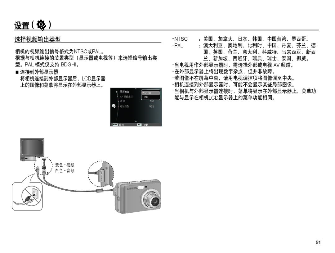 Samsung EC-ES15ZWBA/IT, EC-ES15ZSBA/IT, EC-ES15ZBBA/IT manual 选择视频输出类型, 相机的视频输出信号格式为ntsc或pal。, 能与显示在相机lcd显示器上的菜单功能相同。 