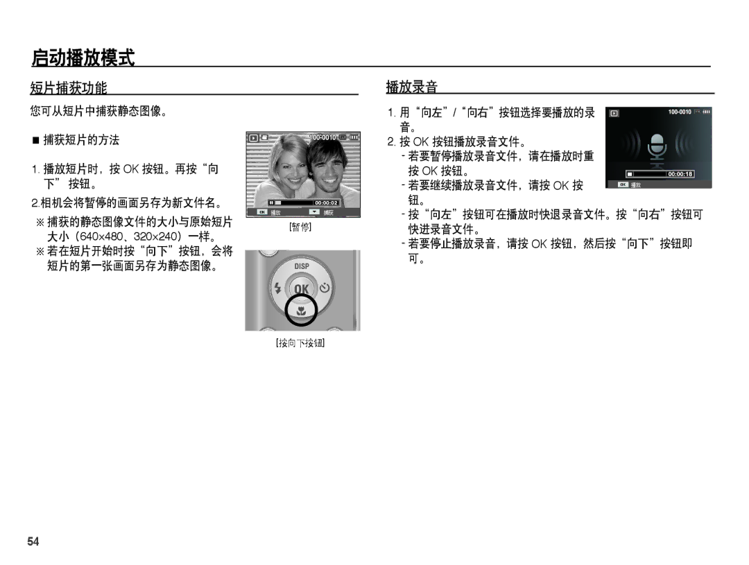 Samsung EC-ES15ZSBA/E1, EC-ES15ZWBA/IT, EC-ES15ZSBA/IT, EC-ES15ZBBA/IT, EC-ES15ZPBA/E1, EC-ES15ZBBA/E1 短片捕获功能, 播放录音, 快进录音文件。 