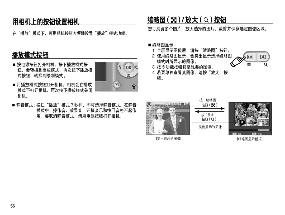 Samsung EC-ES15ZBBA/E1, EC-ES15ZWBA/IT, EC-ES15ZSBA/IT, EC-ES15ZBBA/IT, EC-ES15ZSBA/E1 manual 播放模式按钮, 在播放模式下，可用相机按钮方便地设置播放模式功能。 