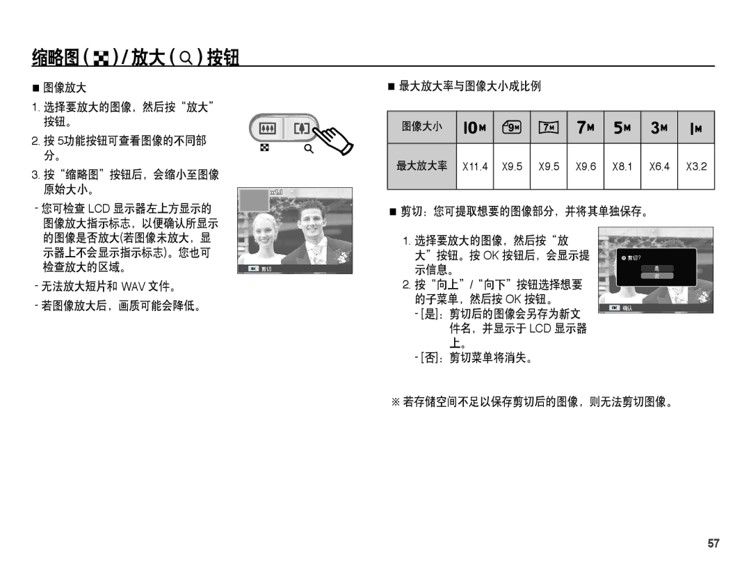 Samsung EC-ES15ZWBA/E3, EC-ES15ZWBA/IT 图像放大, 最大放大率与图像大小成比例, 剪切：您可提取想要的图像部分，并将其单独保存。, 检查放大的区域。, 无法放大短片和 Wav 文件。, ：剪切菜单将消失。 