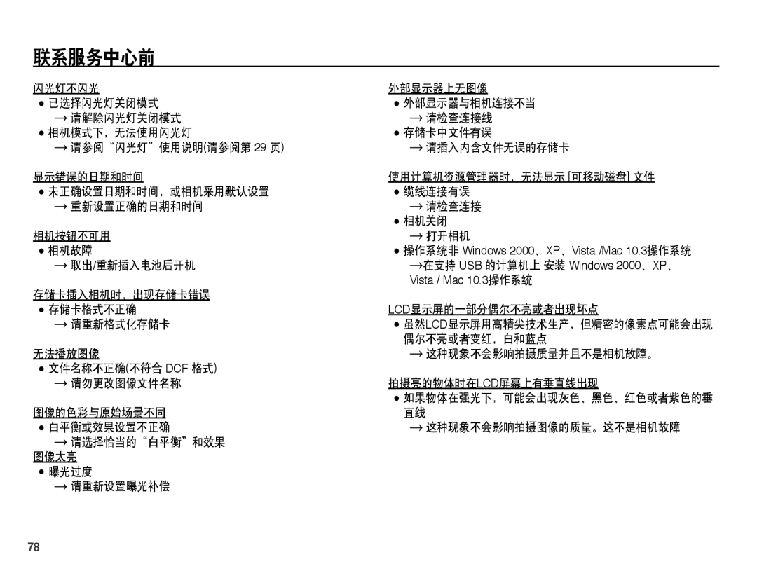 Samsung EC-ES15ZSBA/IT manual 取出/重新插入电池后开机, 存储卡插入相机时，出现存储卡错误 存储卡格式不正确 Lcd显示屏的一部分偶尔不亮或者出现坏点 请重新格式化存储卡, 偶尔不亮或者变红，白和蓝点 