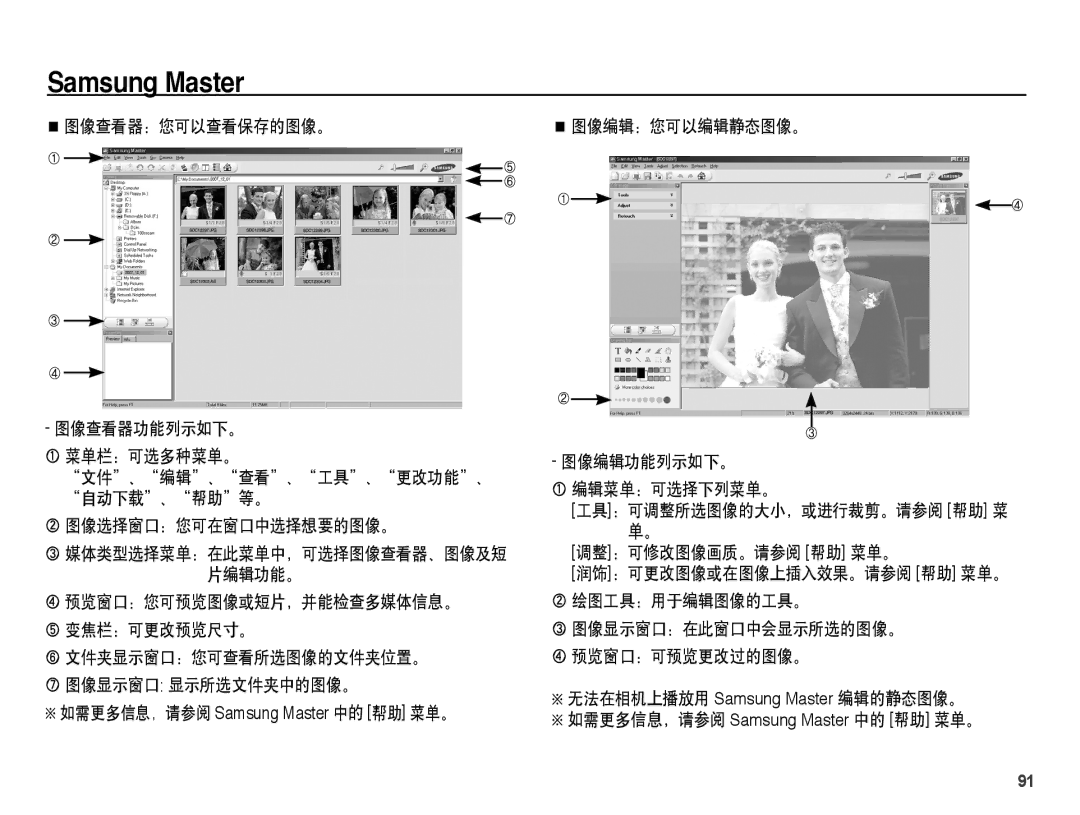 Samsung EC-ES15ZSBA/IT, EC-ES15ZWBA/IT, EC-ES15ZBBA/IT, EC-ES15ZSBA/E1, EC-ES15ZPBA/E1 ③ 媒体类型选择菜单：在此菜单中，可选择图像查看器、图像及短 片编辑功能。 