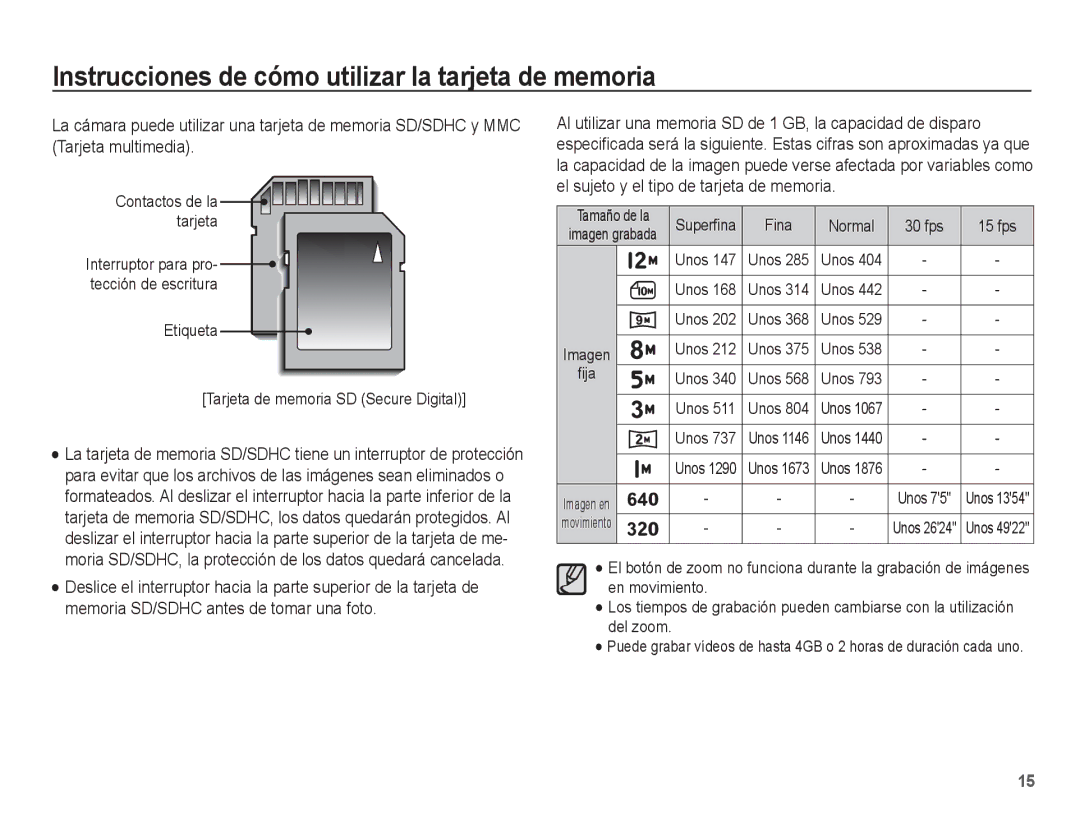 Samsung EC-ES17ZZBABCO, EC-ES17ZZBASE1 manual Contactos de la tarjeta, Etiqueta Tarjeta de memoria SD Secure Digital 