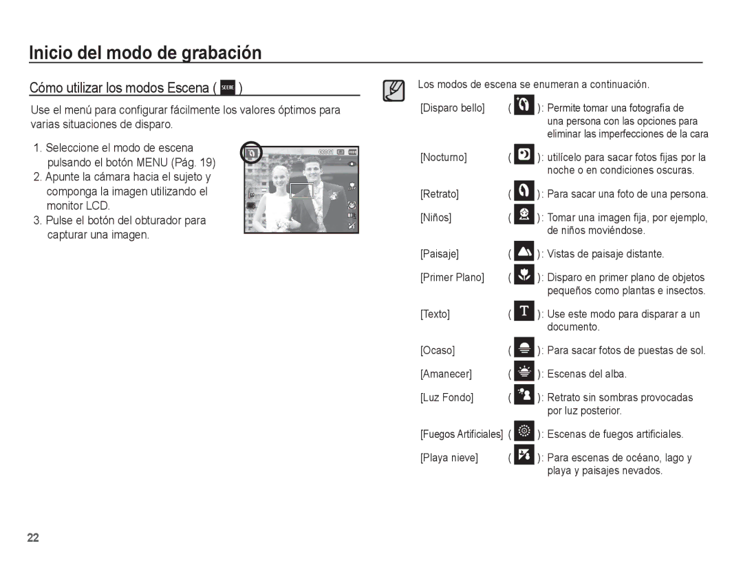 Samsung EC-ES17ZZBASE1, EC-ES17ZZBABCO manual Cómo utilizar los modos Escena 