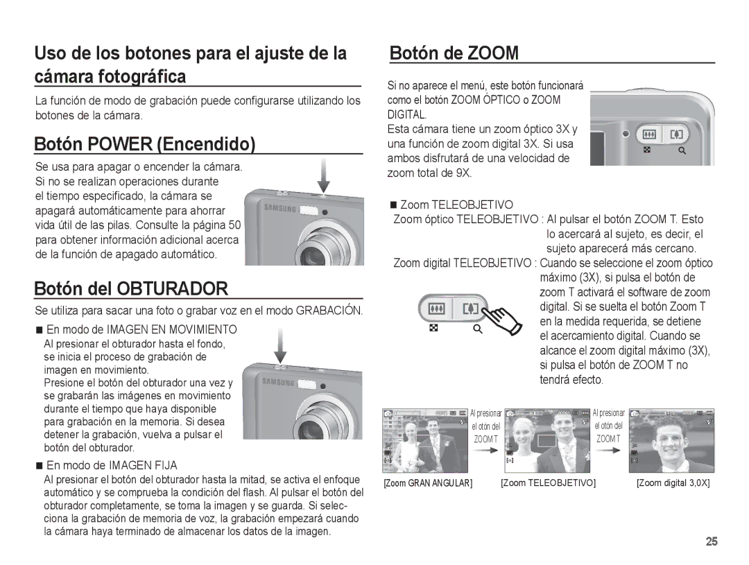 Samsung EC-ES17ZZBABCO Uso de los botones para el ajuste de la cámara fotográﬁca, Botón Power Encendido, Botón de Zoom 