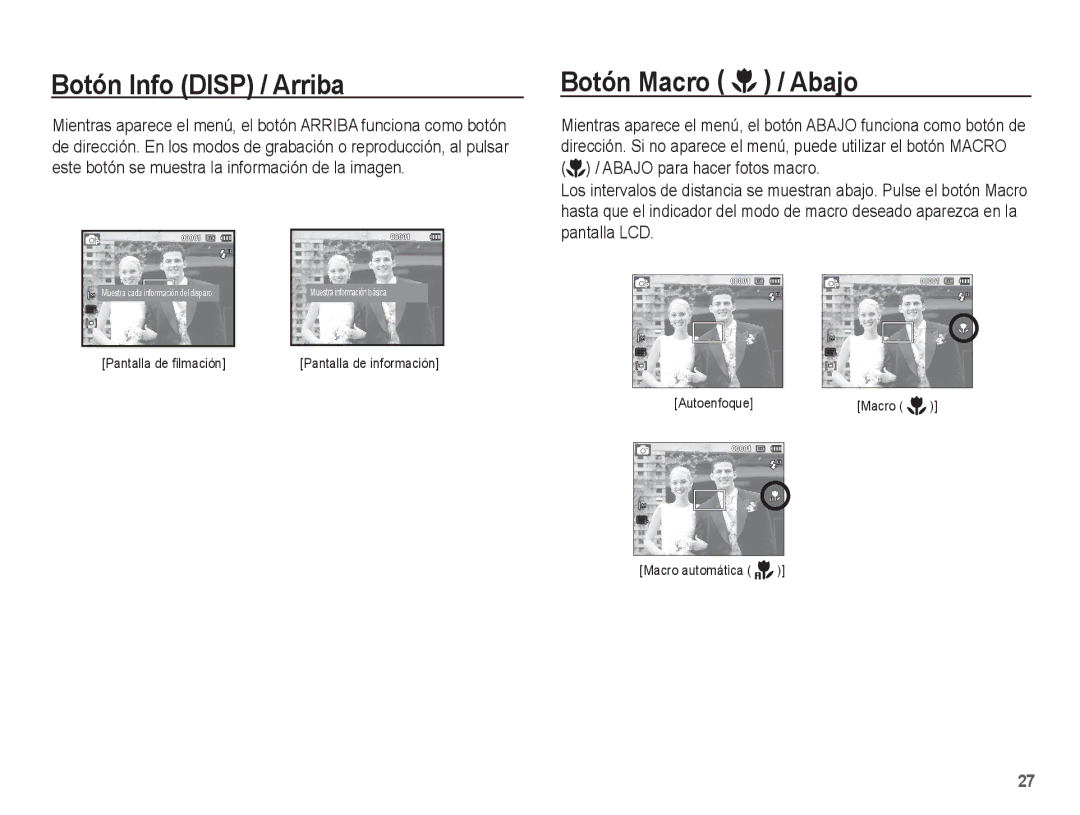 Samsung EC-ES17ZZBABCO, EC-ES17ZZBASE1 manual Botón Info Disp / Arriba, Botón Macro / Abajo 