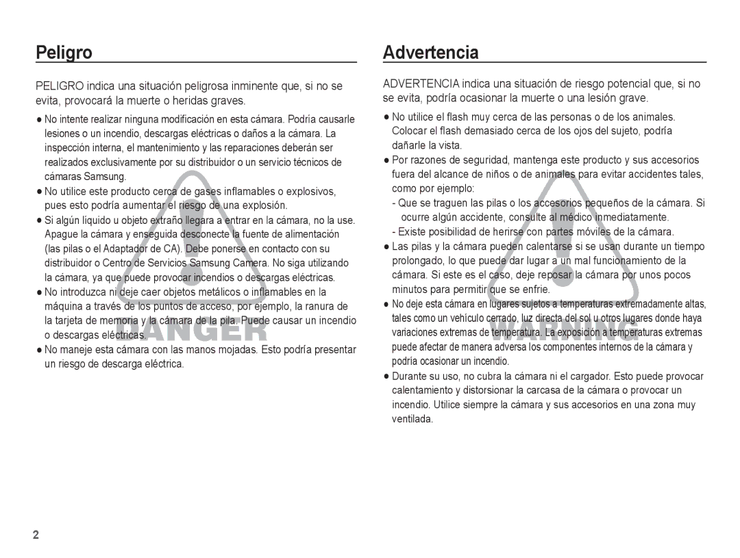 Samsung EC-ES17ZZBASE1, EC-ES17ZZBABCO manual Peligro, Advertencia 