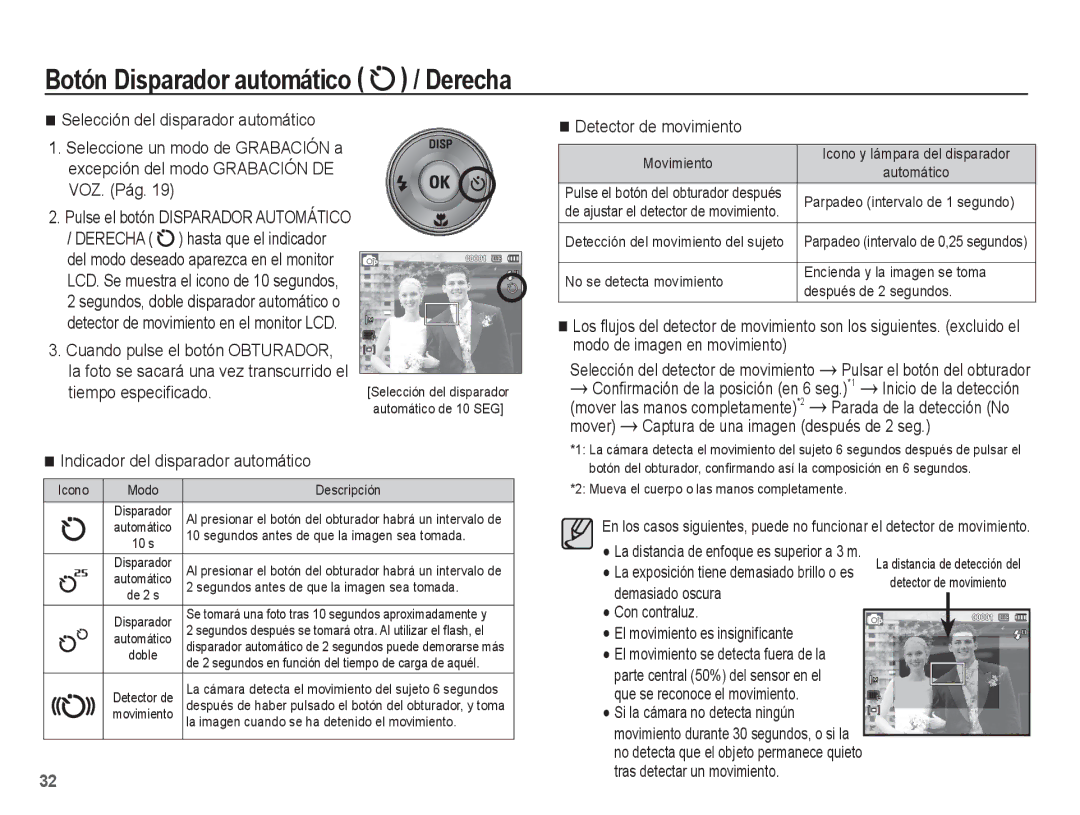 Samsung EC-ES17ZZBASE1, EC-ES17ZZBABCO manual Botón Disparador automático / Derecha 