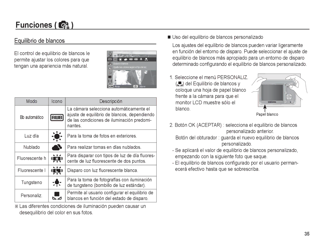 Samsung EC-ES17ZZBABCO, EC-ES17ZZBASE1 manual Uso del equilibrio de blancos personalizado, Personalizado 