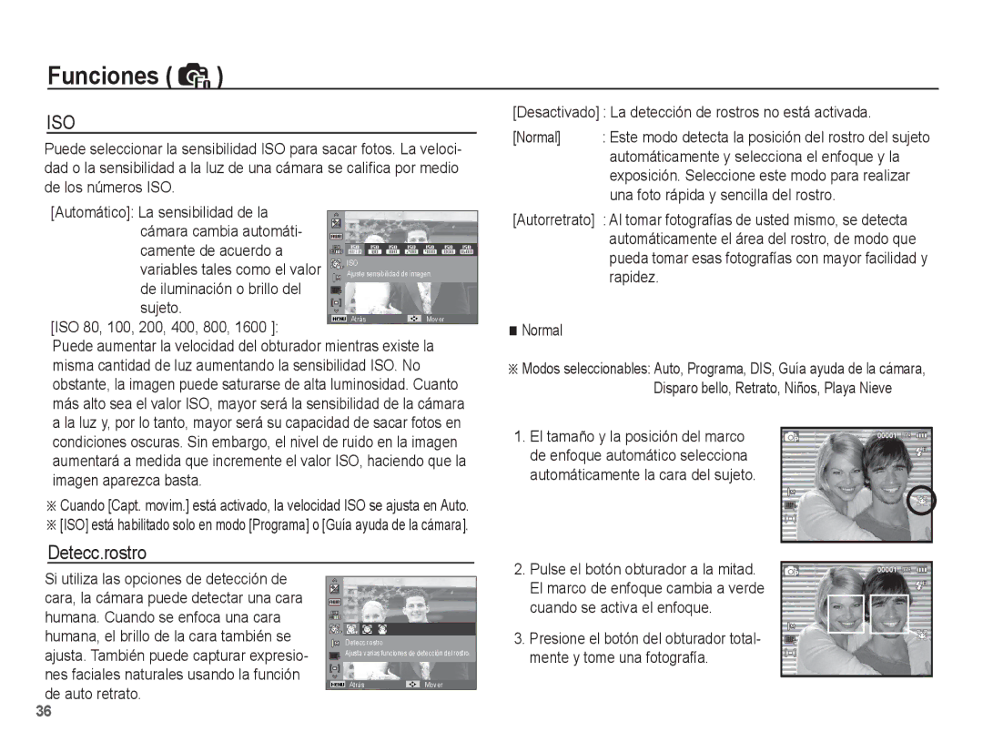 Samsung EC-ES17ZZBASE1, EC-ES17ZZBABCO manual Detecc.rostro, De iluminación o brillo del Sujeto, ISO 80, 100, 200, 400, 800 