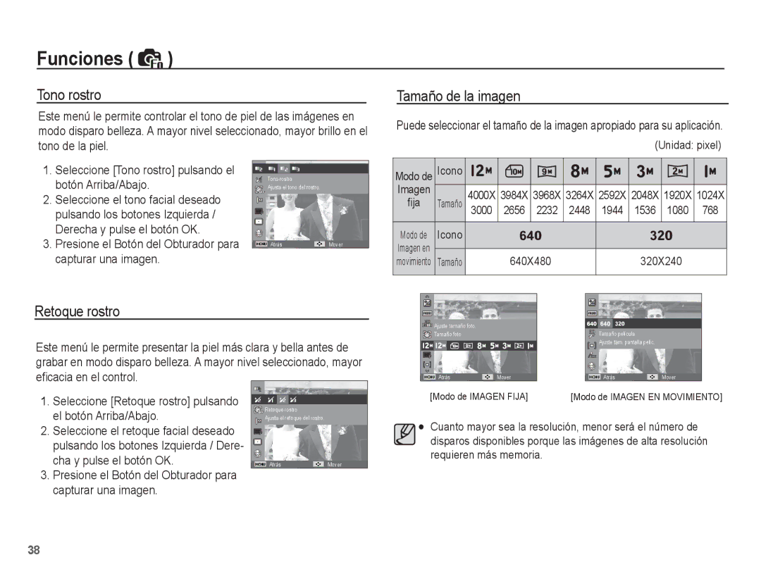 Samsung EC-ES17ZZBASE1, EC-ES17ZZBABCO manual Tono rostro, Tamaño de la imagen, Retoque rostro 