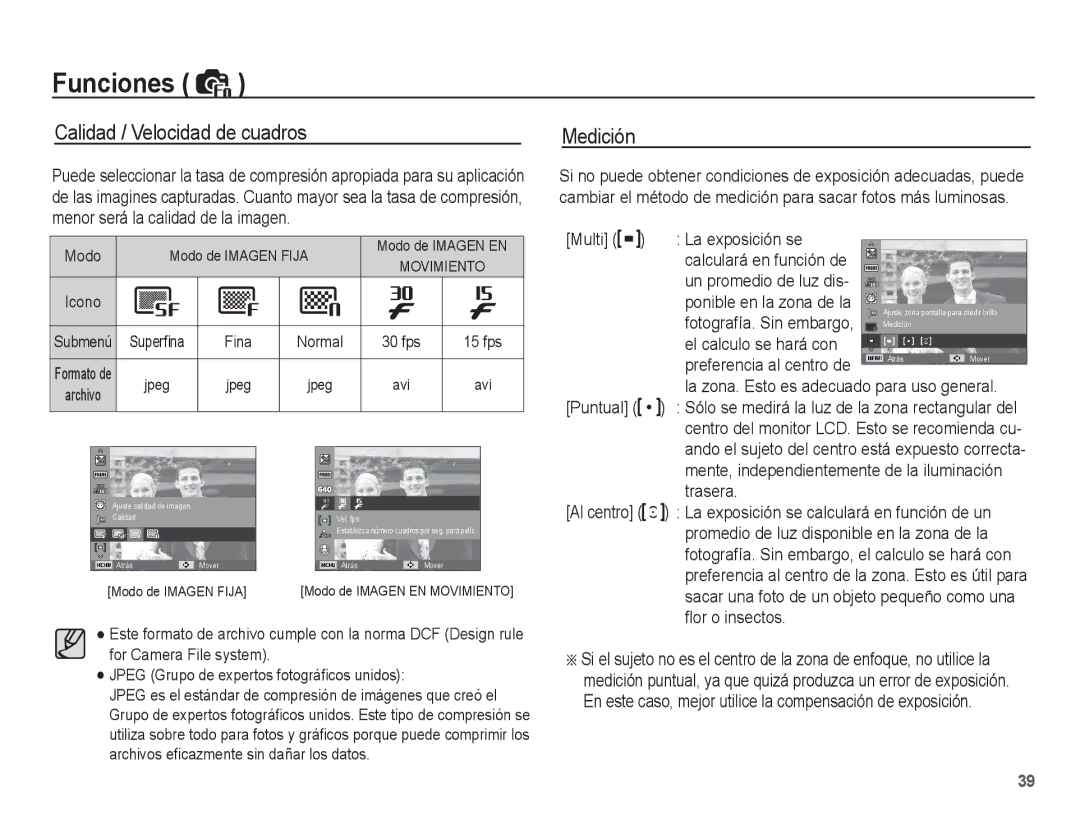 Samsung EC-ES17ZZBABCO, EC-ES17ZZBASE1 Calidad / Velocidad de cuadros Medición, Puntual, Trasera Al centro, ﬂor o insectos 