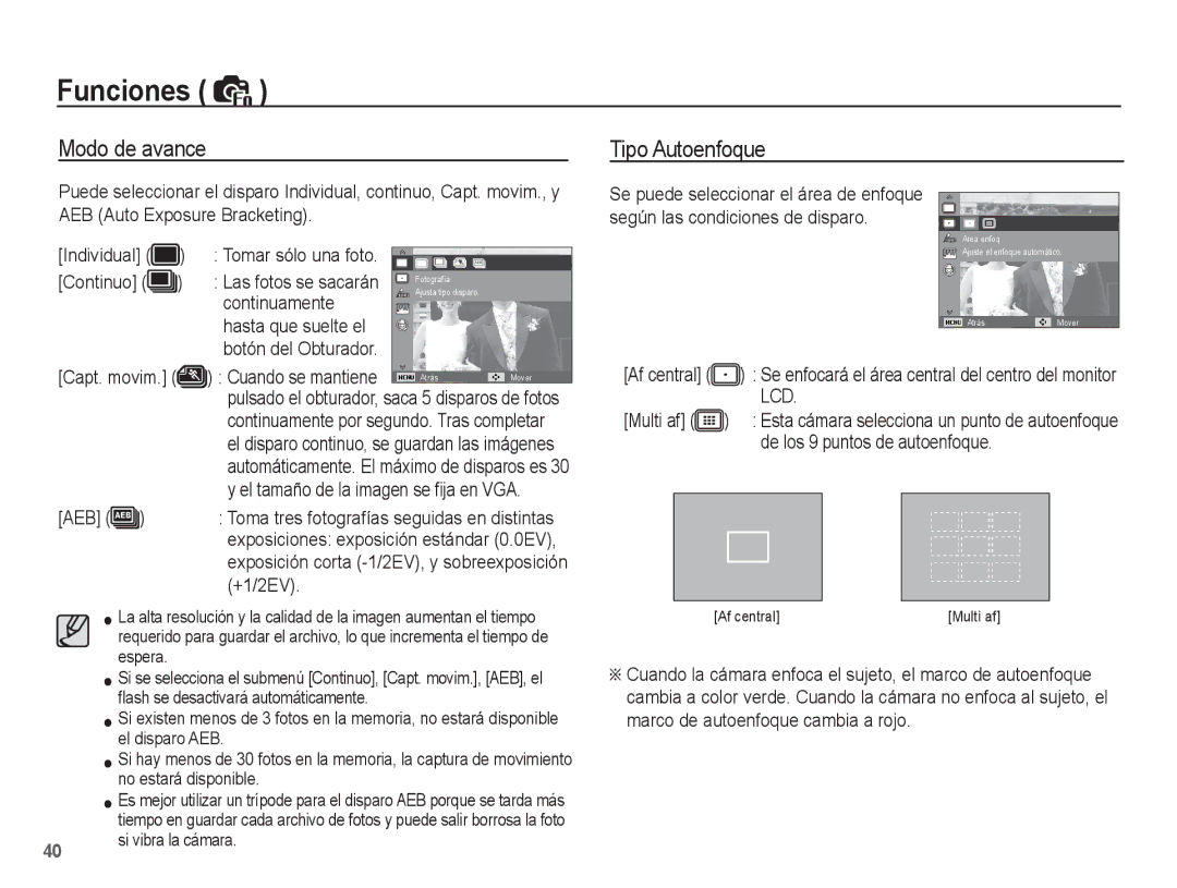 Samsung EC-ES17ZZBASE1, EC-ES17ZZBABCO manual Modo de avance Tipo Autoenfoque 