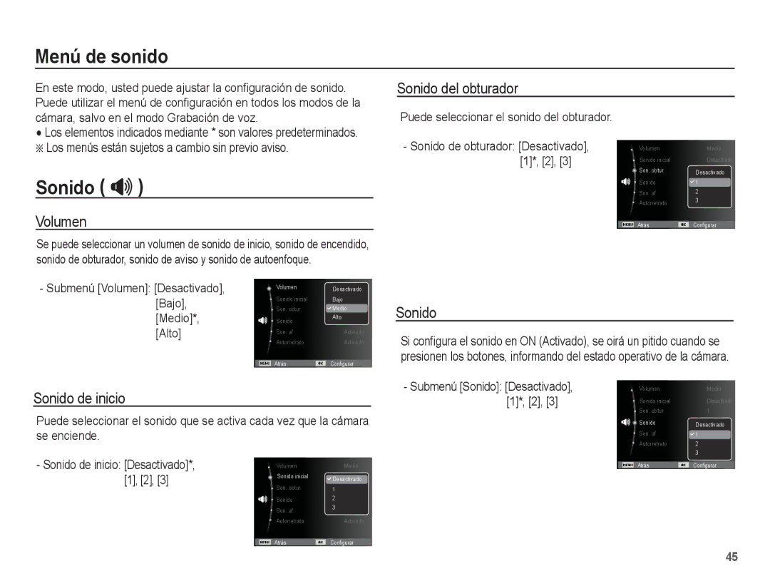 Samsung EC-ES17ZZBABCO, EC-ES17ZZBASE1 manual Menú de sonido, Sonido  