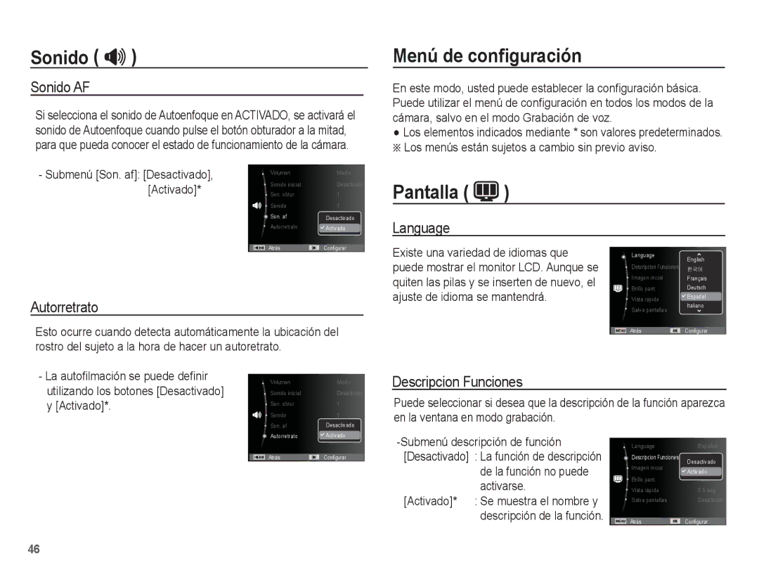 Samsung EC-ES17ZZBASE1, EC-ES17ZZBABCO manual Menú de conﬁguración, Pantalla 