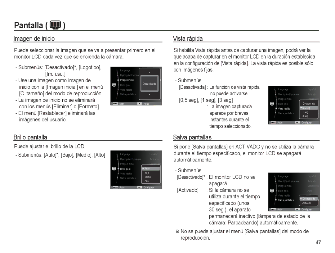 Samsung EC-ES17ZZBABCO, EC-ES17ZZBASE1 manual Imagen de inicio, Vista rápida, Brillo pantalla Salva pantallas 