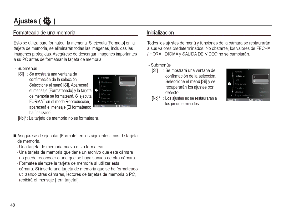 Samsung EC-ES17ZZBASE1, EC-ES17ZZBABCO manual Ajustes, Formateado de una memoria, Inicialización 