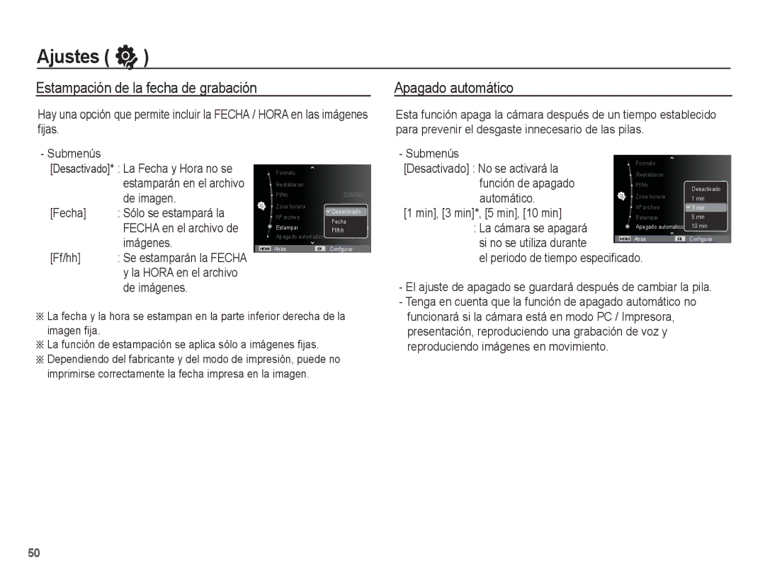 Samsung EC-ES17ZZBASE1, EC-ES17ZZBABCO manual Estampación de la fecha de grabación, Apagado automático 