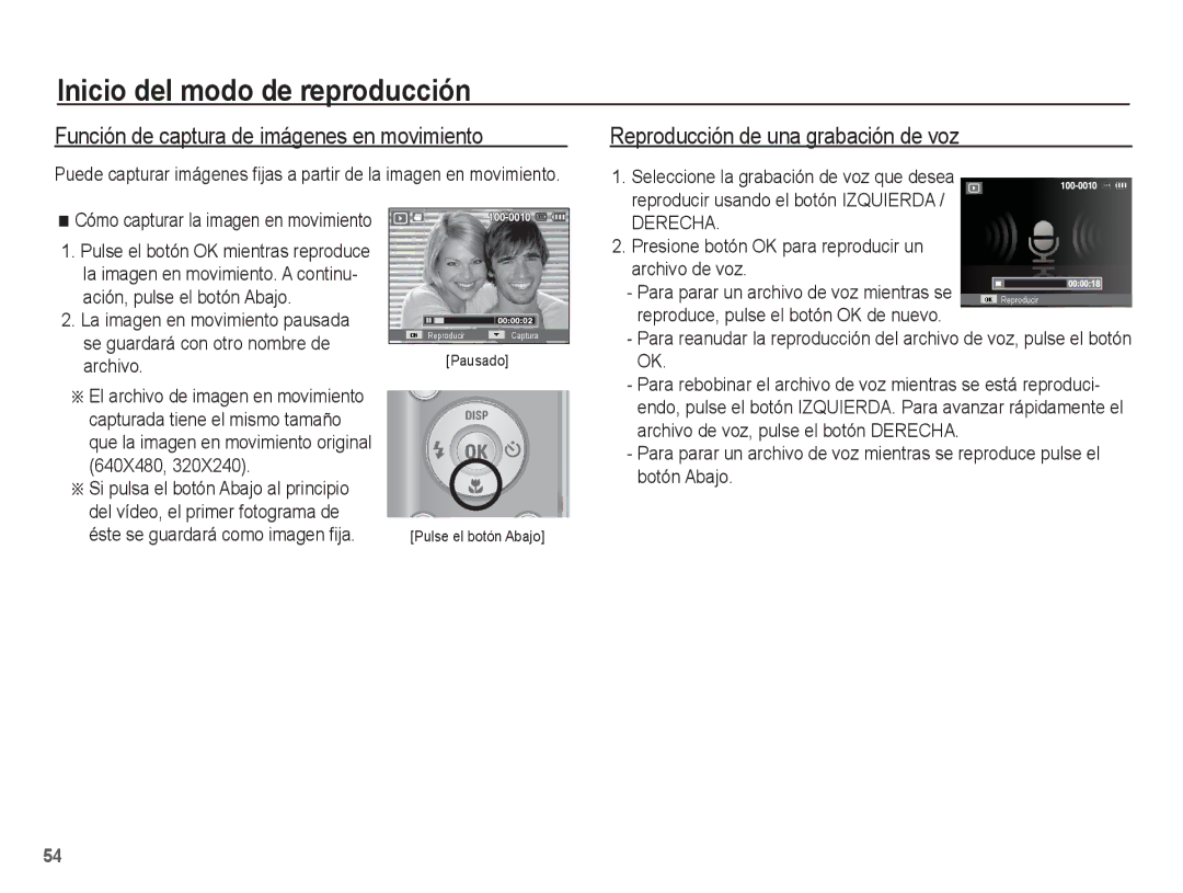 Samsung EC-ES17ZZBASE1 Función de captura de imágenes en movimiento, Reproducción de una grabación de voz, Archivo de voz 