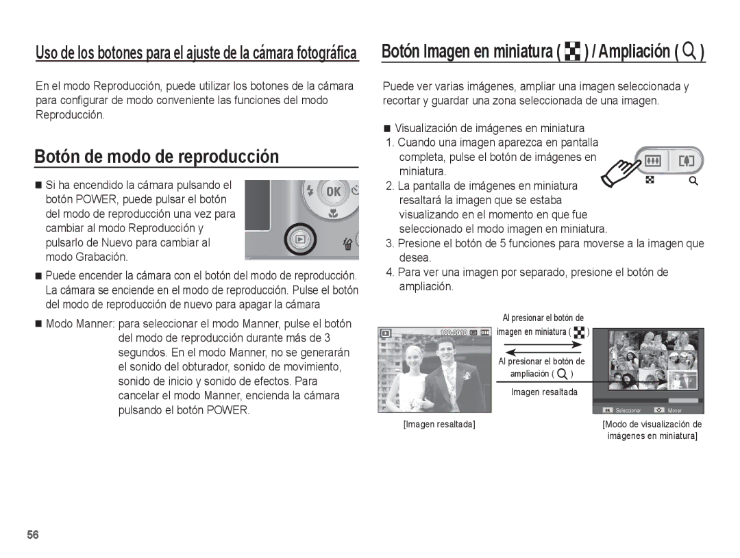 Samsung EC-ES17ZZBASE1 manual Botón de modo de reproducción, Pulsarlo de Nuevo para cambiar al modo Grabación, Miniatura 