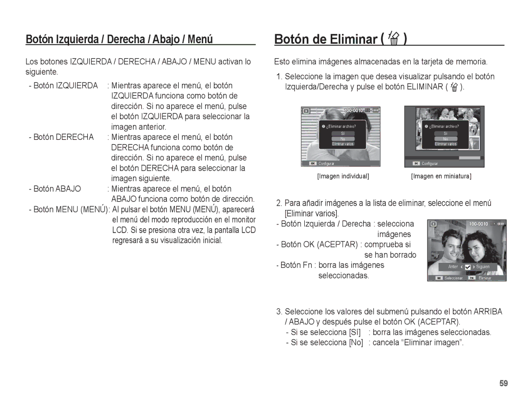 Samsung EC-ES17ZZBABCO, EC-ES17ZZBASE1 manual Botón de Eliminar Õ 