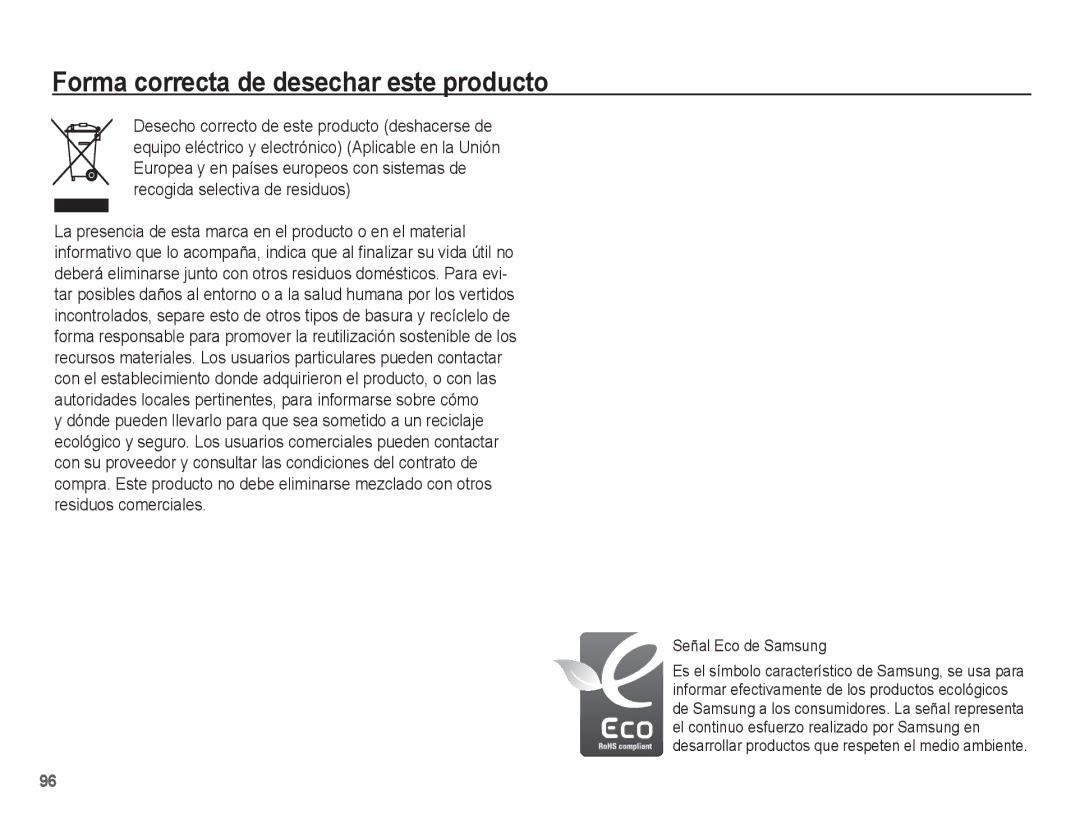 Samsung EC-ES17ZZBASE1, EC-ES17ZZBABCO manual Forma correcta de desechar este producto 