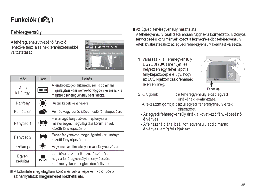 Samsung EC-ES17ZZBABE1 manual Fehéregyensúly, Az Egyedi fehéregyensúly használata, OK gomb, Értékének kiválasztása 