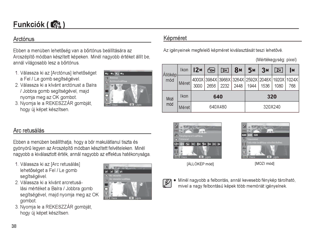 Samsung EC-ES17ZZBASE3, EC-ES17ZZBABE1, EC-ES17ZZBABIT, EC-ES17ZZBAWE3, EC-ES17ZZBABE3 manual Arctónus Képméret, Arc retusálás 