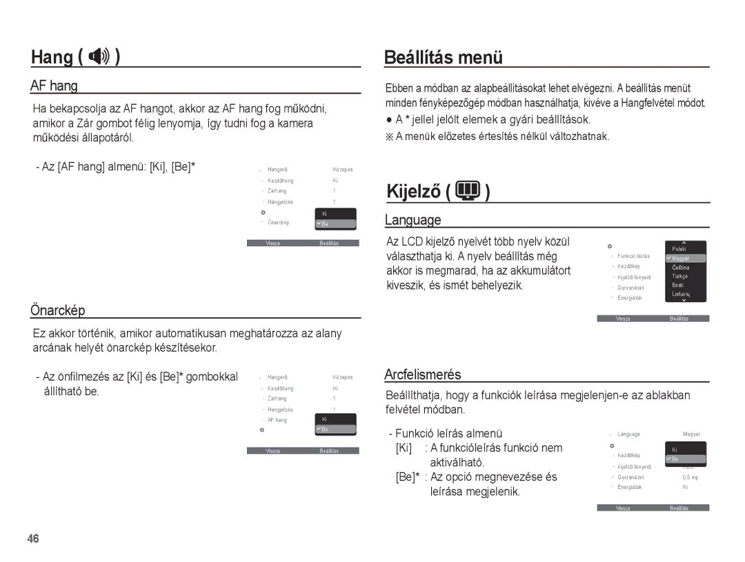 Samsung EC-ES17ZZBAWE3, EC-ES17ZZBABE1, EC-ES17ZZBABIT, EC-ES17ZZBASE3 Beállítás menü, KijelzĘ, AF hang, Language, Önarckép 