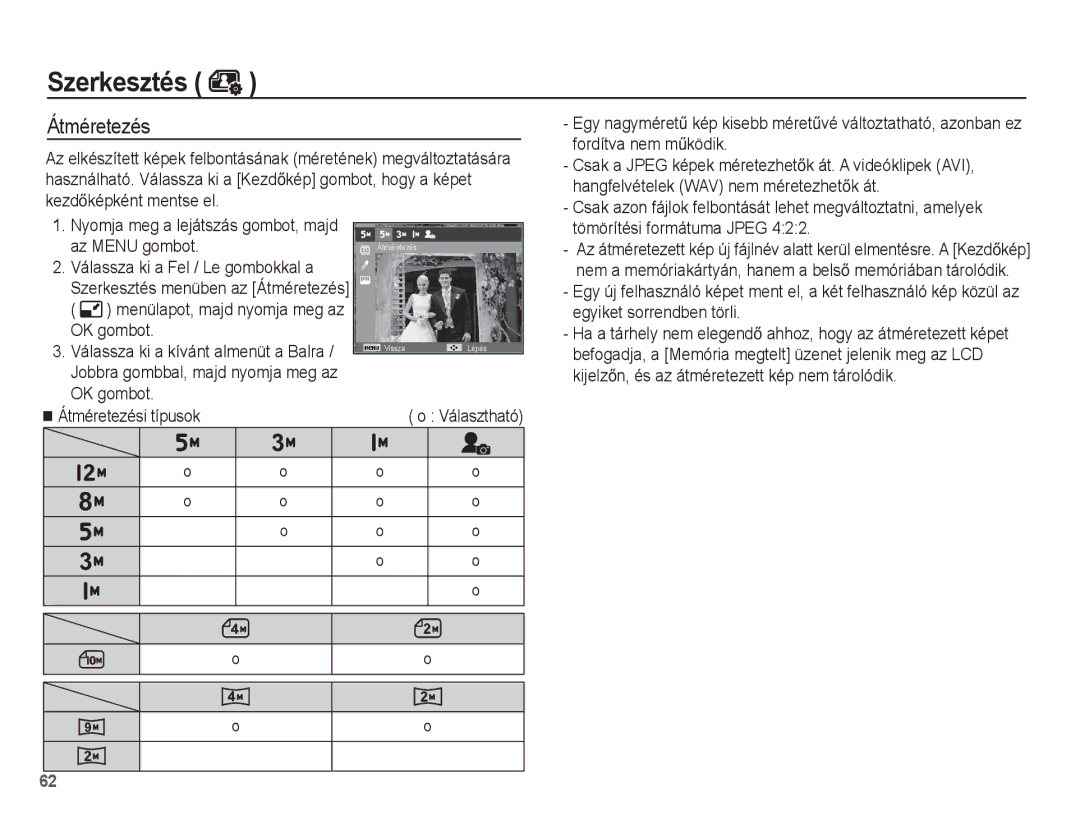 Samsung EC-ES17ZZBABE1, EC-ES17ZZBABIT, EC-ES17ZZBAWE3 Szerkesztés, Az Menu gombot, OK gombot Átméretezési típusok 