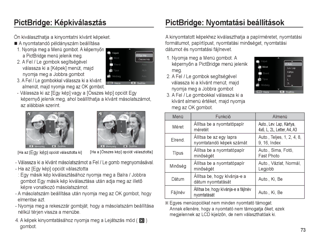 Samsung EC-ES17ZZBAWE3 PictBridge Képkiválasztás, PictBridge Nyomtatási beállítások, Nyomja meg a Menü gombot. a képernyĘn 