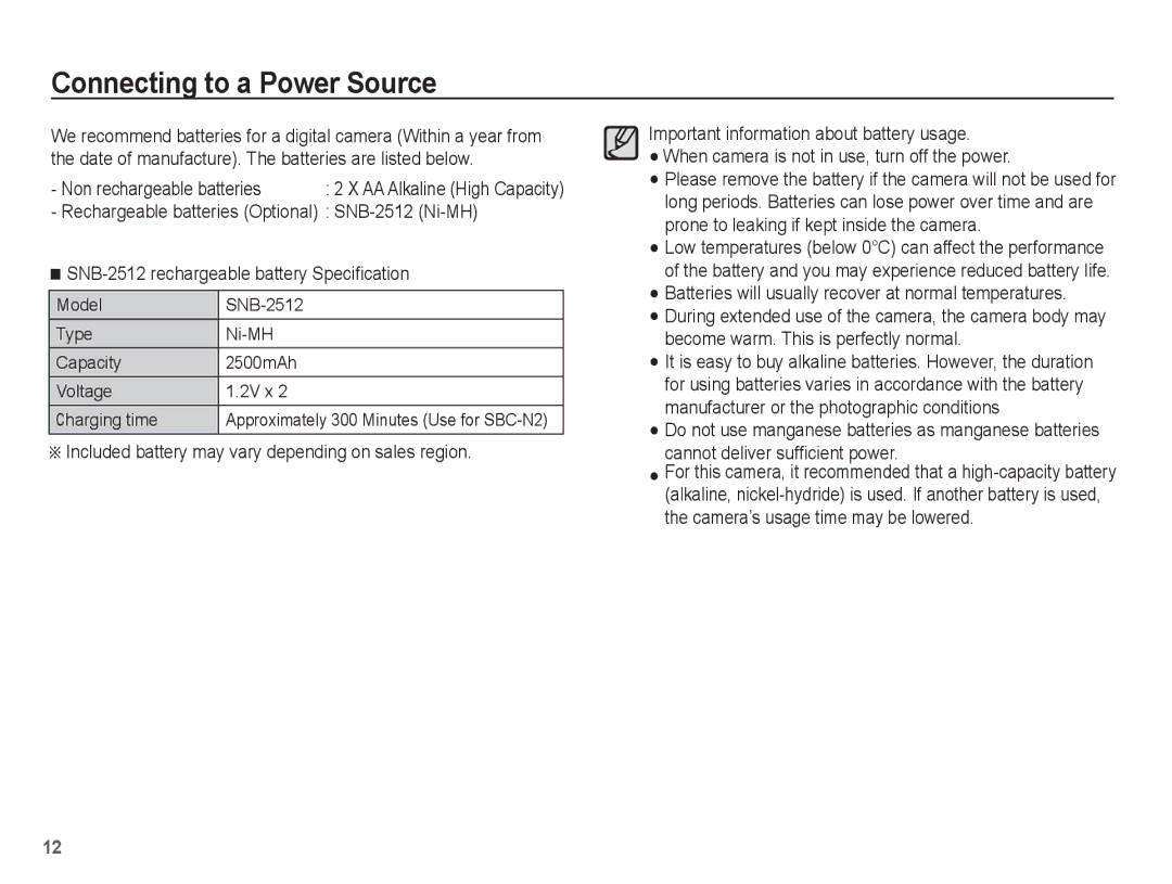 Samsung EC-ES17ZZBABVN, EC-ES17ZZBABE1, EC-ES17ZZBASIT manual Connecting to a Power Source, Non rechargeable batteries 