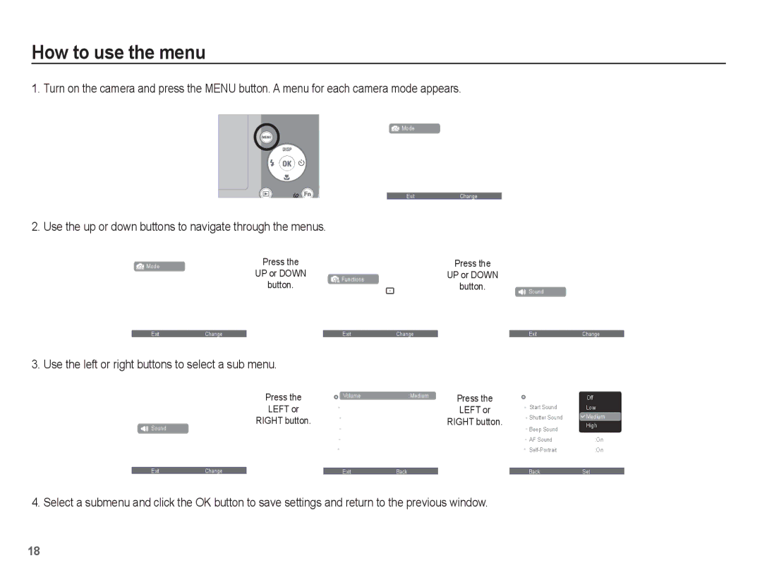 Samsung EC-ES17ZZBAPE3, EC-ES17ZZBABE1 manual How to use the menu, Use the up or down buttons to navigate through the menus 