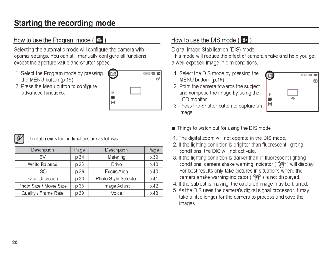 Samsung EC-ES17ZZBAPRU, EC-ES17ZZBABE1, EC-ES17ZZBASIT, EC-ES17ZZBABIT How to use the Program mode, How to use the DIS mode 