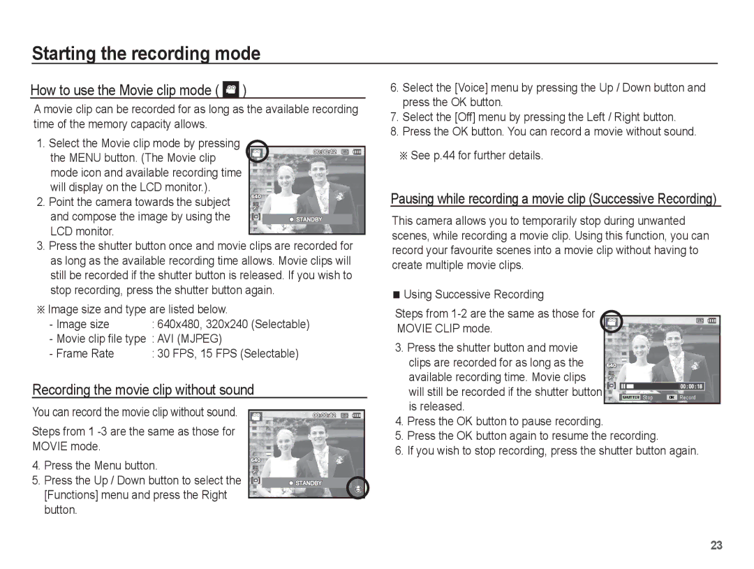 Samsung EC-ES19ZZBABE2, EC-ES17ZZBABE1 How to use the Movie clip mode, Recording the movie clip without sound, Frame Rate 