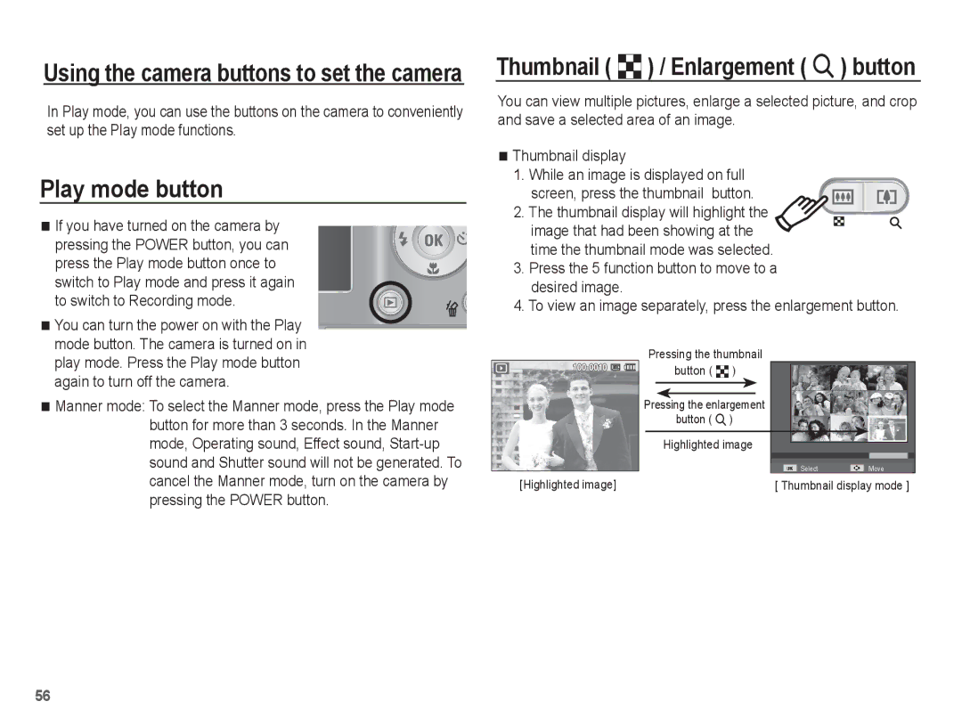 Samsung EC-ES17ZZBAPE2 manual Play mode button, Thumbnail º / Enlargement í button, If you have turned on the camera by 