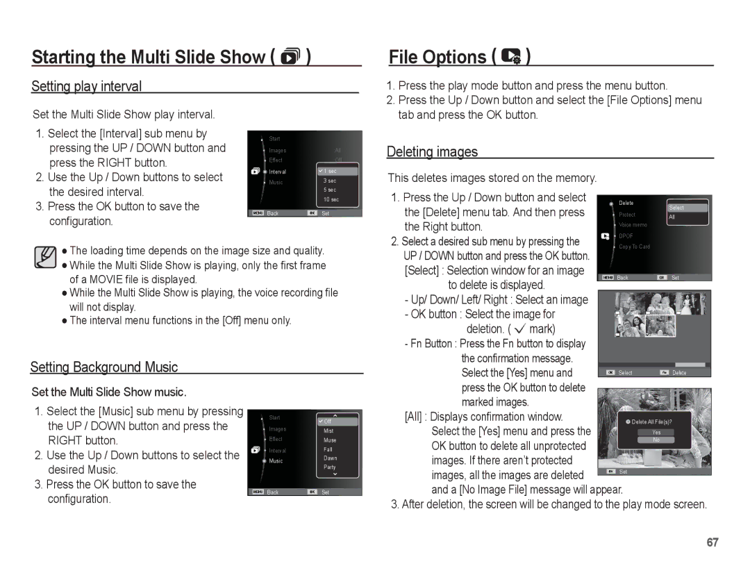 Samsung EC-ES17ZZBASSA, EC-ES17ZZBABE1 manual File Options, Setting play interval, Deleting images, Setting Background Music 