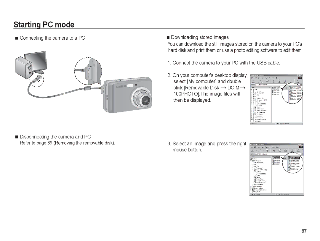 Samsung EC-ES17ZZBAPE2, EC-ES17ZZBABE1 manual Downloading stored images, Connect the camera to your PC with the USB cable 