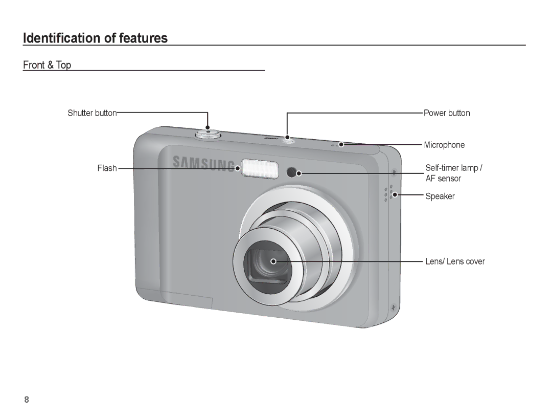 Samsung EC-ES17ZZDASME, EC-ES17ZZBABE1, EC-ES17ZZBASIT, EC-ES17ZZBABIT, EC-ES17ZZBABCO Identiﬁcation of features, Front & Top 