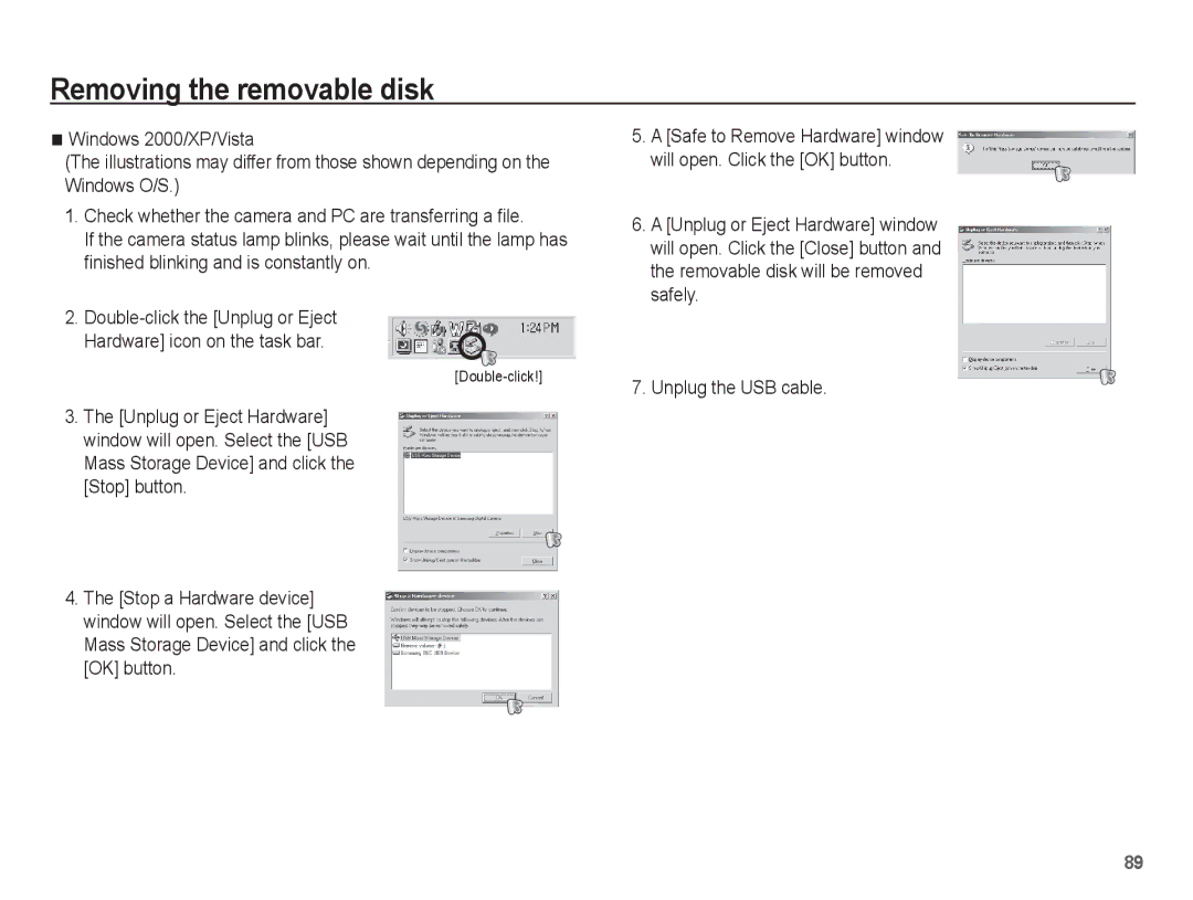 Samsung EC-ES17ZZBASIL, EC-ES17ZZBABE1, EC-ES17ZZBASIT, EC-ES17ZZBABIT Removing the removable disk, Unplug the USB cable 