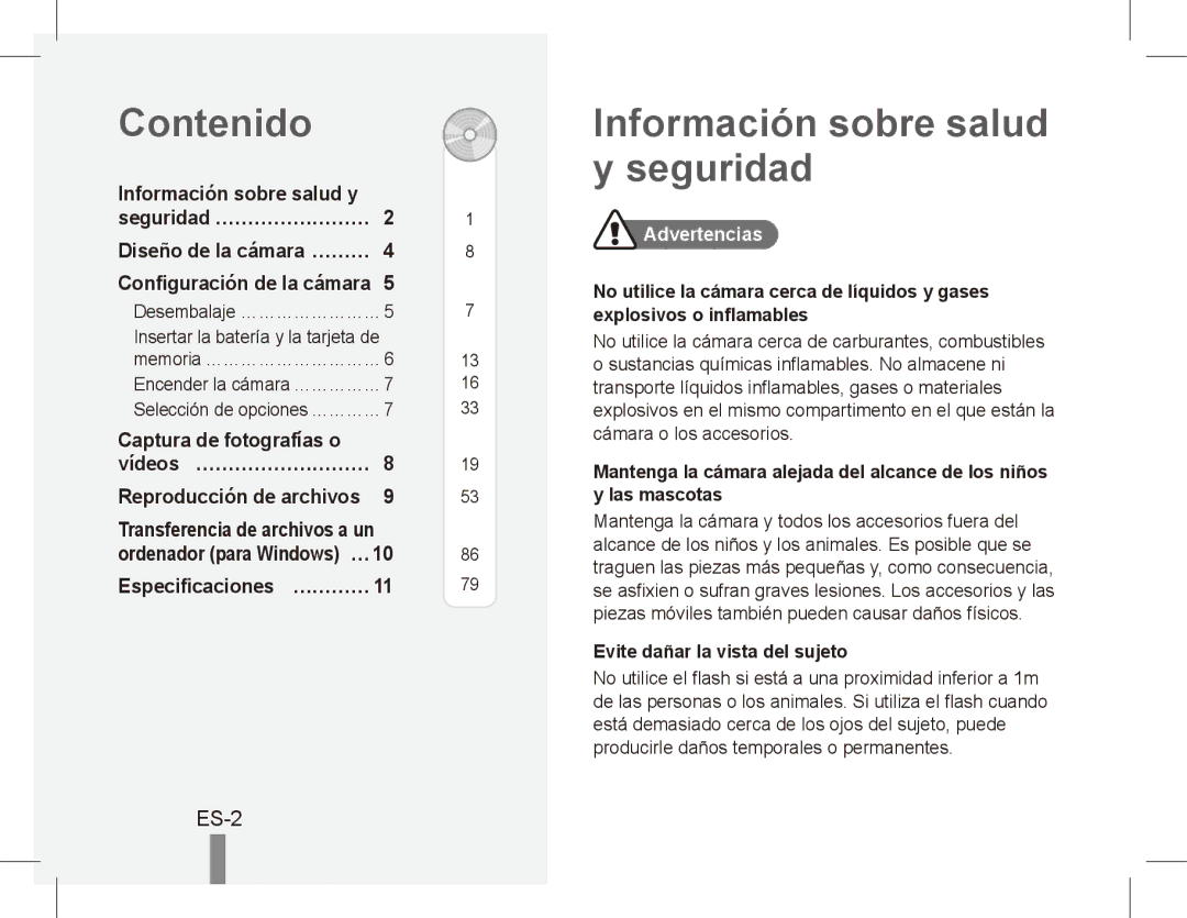 Samsung EC-ES17ZZBASVN manual Contenido, Información sobre salud y seguridad, ES-2, Especificaciones… …………, Advertencias 