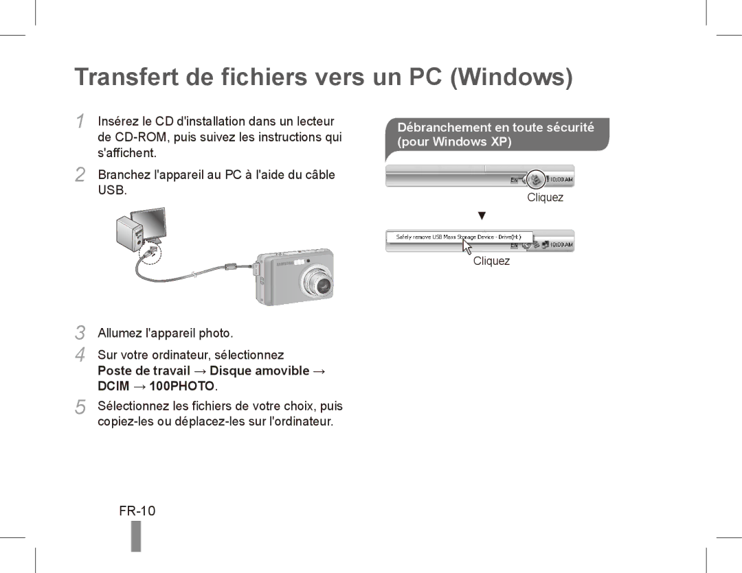 Samsung EC-ES17ZZDABME manual Transfert de fichiers vers un PC Windows, FR-10, Saffichent, Allumez lappareil photo 