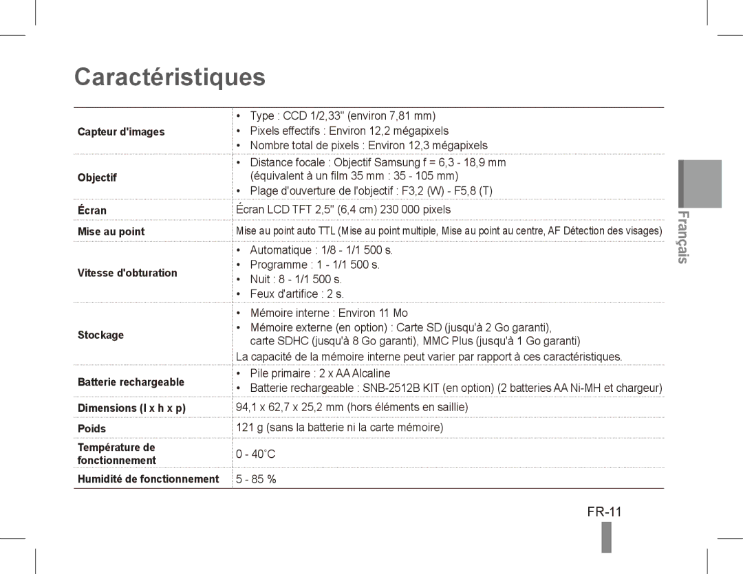 Samsung EC-ES17ZZBABSA, EC-ES17ZZBABE1, EC-ES17ZZBASIT, EC-ES17ZZBABIT, EC-ES17ZZDAPAS, EC-ES17ZZBASSA Caractéristiques, FR-11 