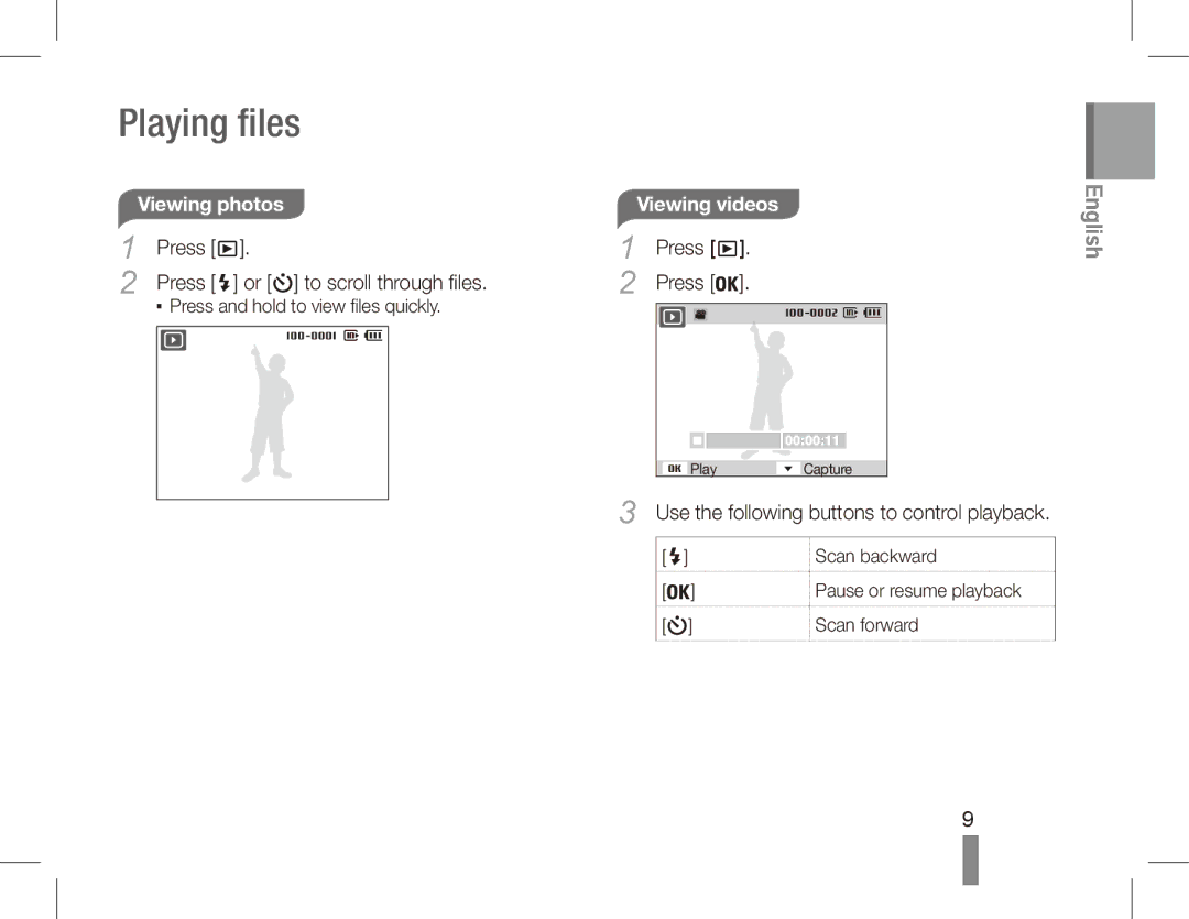 Samsung EC-ES17ZZBAPSA manual Playing files, Viewing photos, Viewing videos, Use the following buttons to control playback 