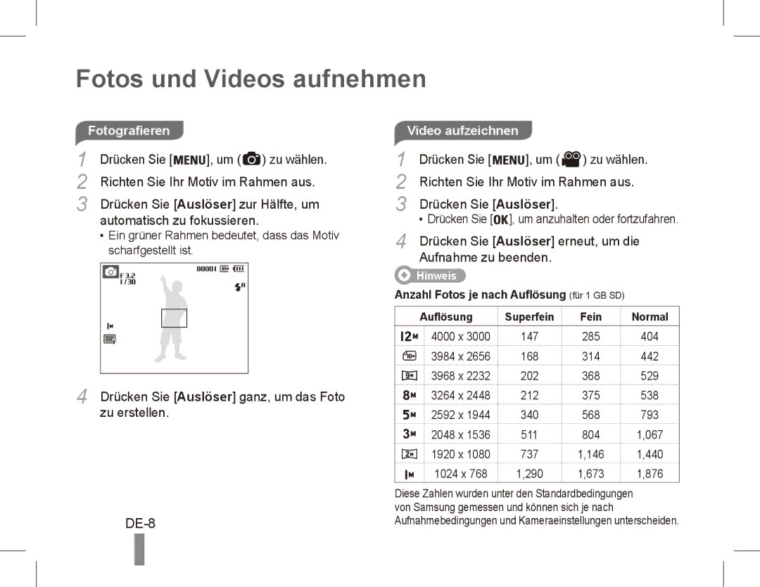 Samsung EC-ES17ZZBASRU manual Fotos und Videos aufnehmen, DE-8, Drücken Sie Um zu wählen, Automatisch zu fokussieren 