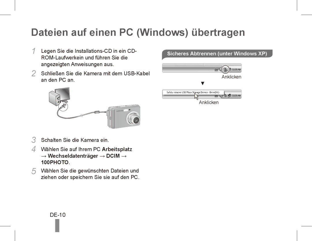 Samsung EC-ES17ZZBABRU, EC-ES17ZZBABE1 manual Dateien auf einen PC Windows übertragen, DE-10, → Wechseldatenträger → Dcim → 