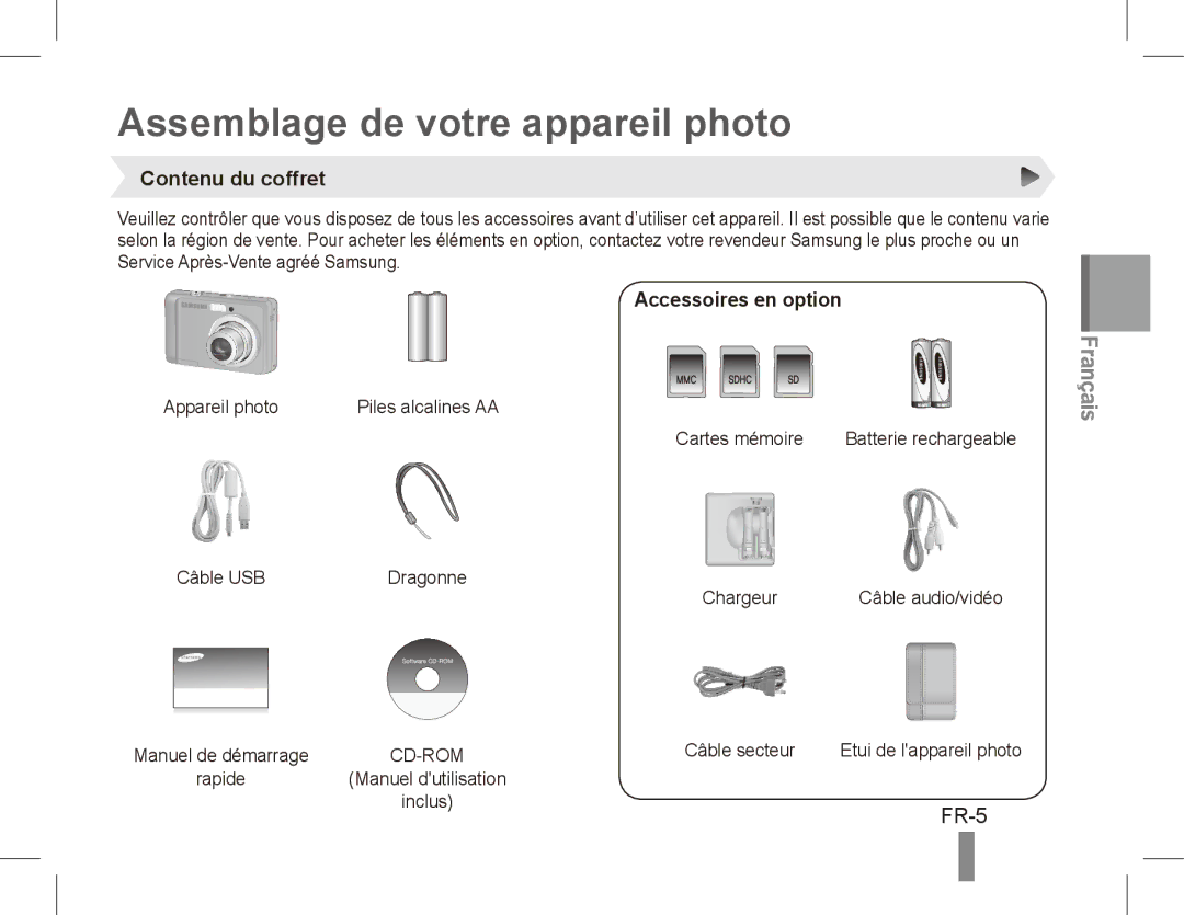 Samsung EC-ES17ZZBABE1, EC-ES17ZZBASIT Assemblage de votre appareil photo, FR-5, Contenu du coffret, Accessoires en option 